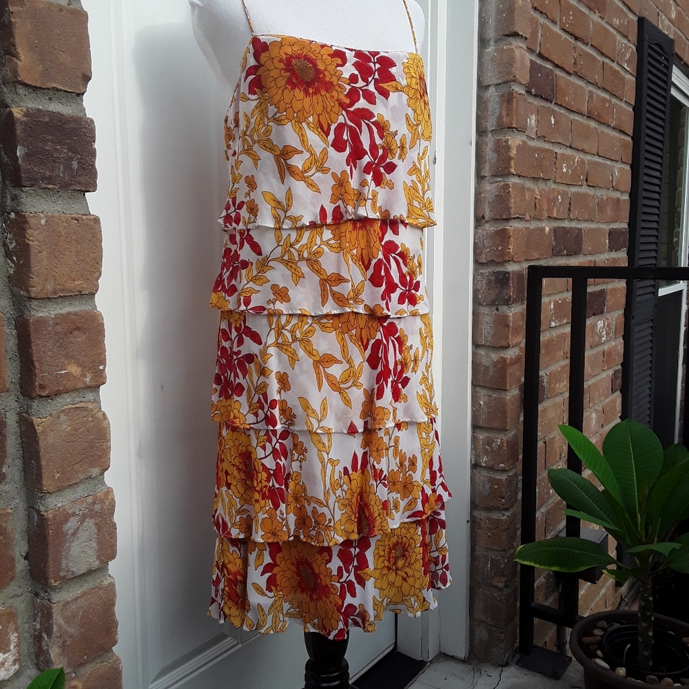 EVA BLUE RED ORANGE SPAGHETTI STRAP RUFFLED SLIP DRESS SZ 12